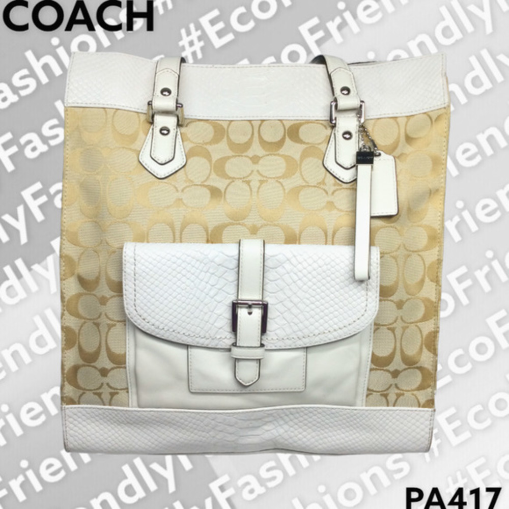 Coach White/Beige Signature Canvas and Python Embossed Leather Charlie Tote